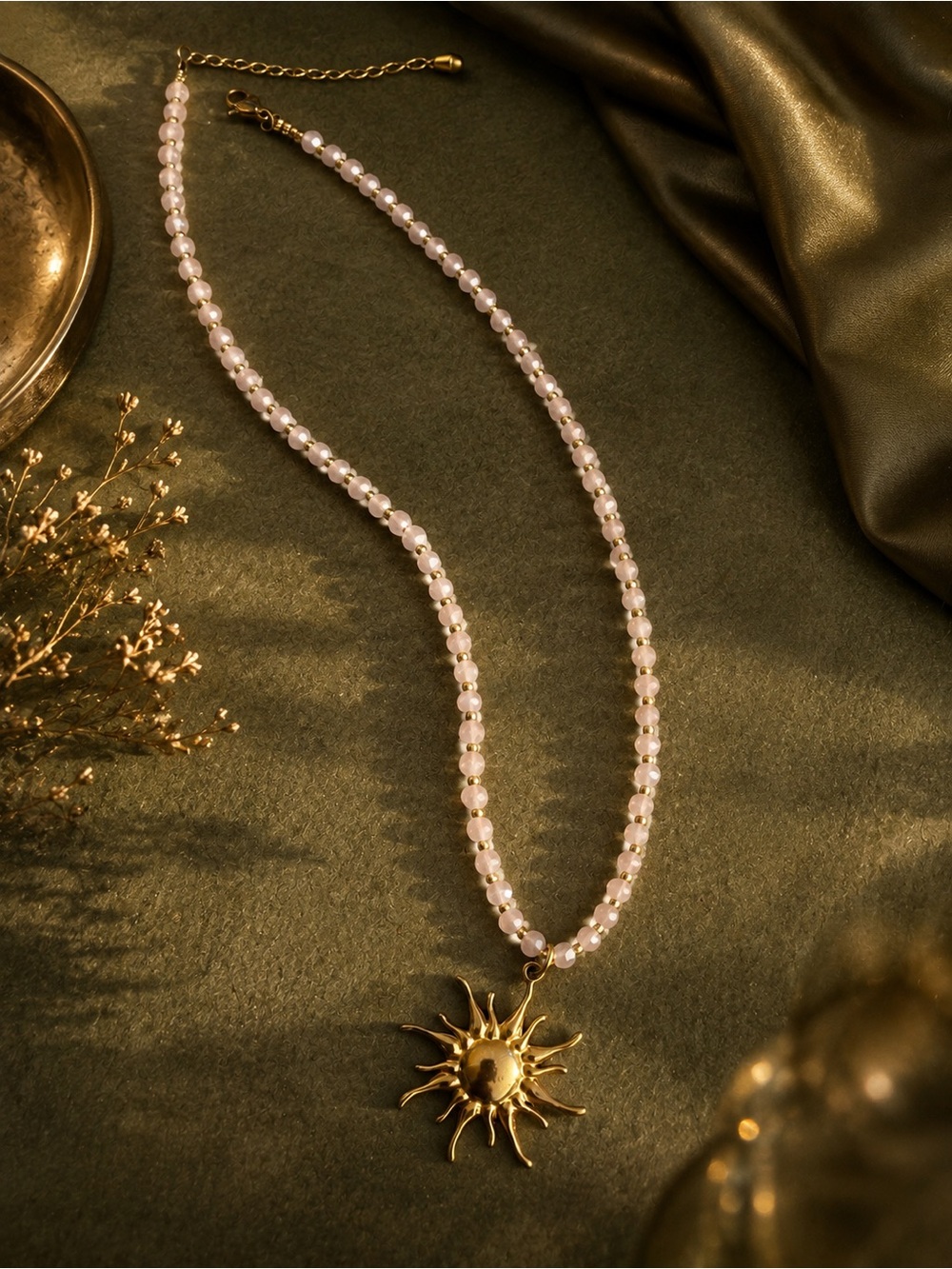 Gold Sun Pendant Necklace with Pale Pink Beads - Picture 4 of 4